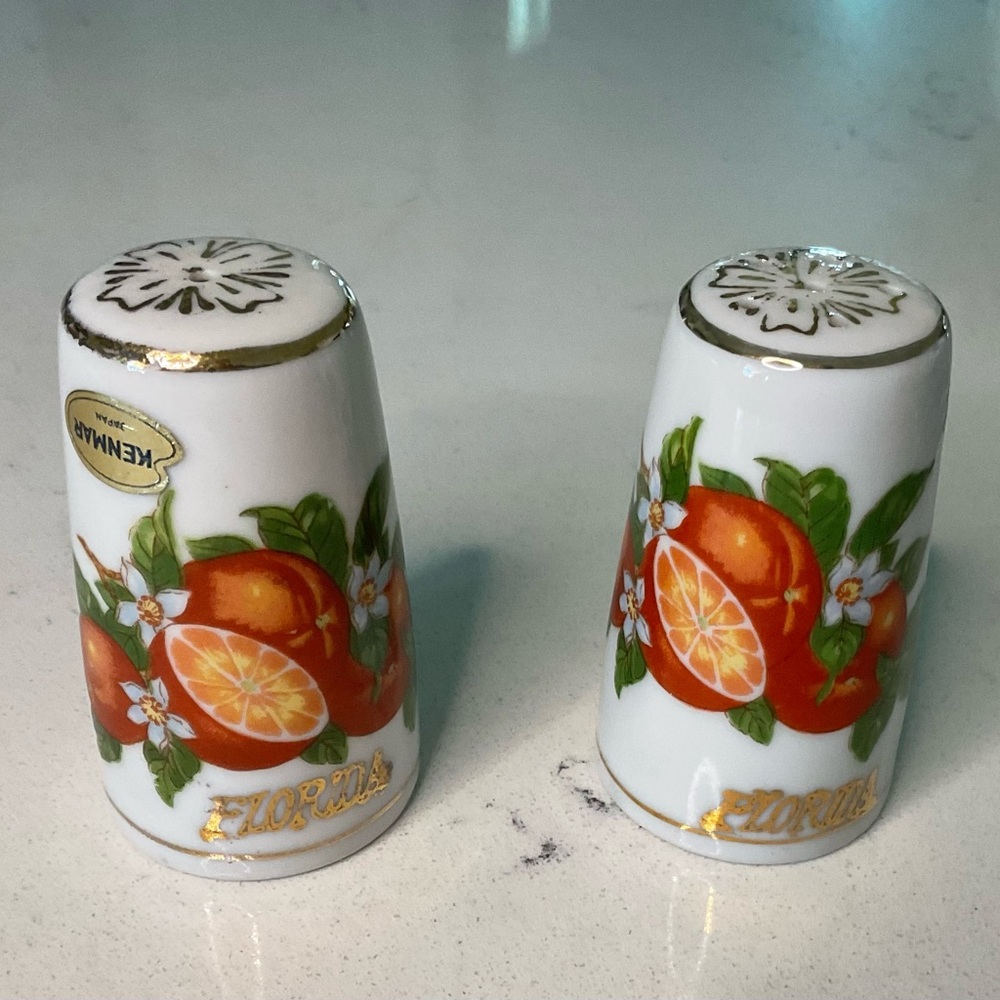 Vintage Florida Salt & Pepper Shakers Oranges & Blossoms White Ceramic Set